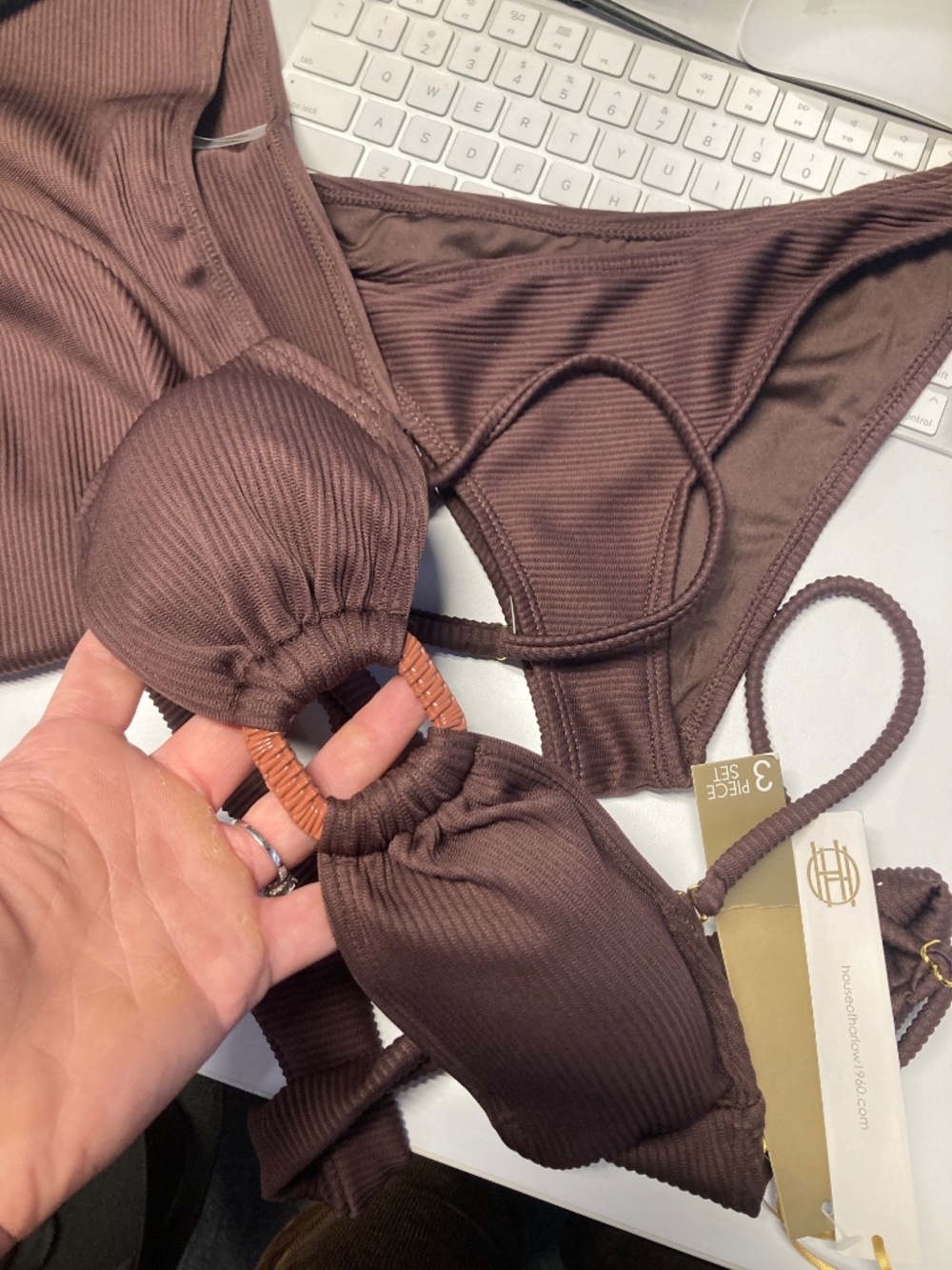 House of Harlow 1960 Ribbed Brown 3-Piece Swim Set – Bikini + Skirt Cover Up NWT - Picture 5 of 6
